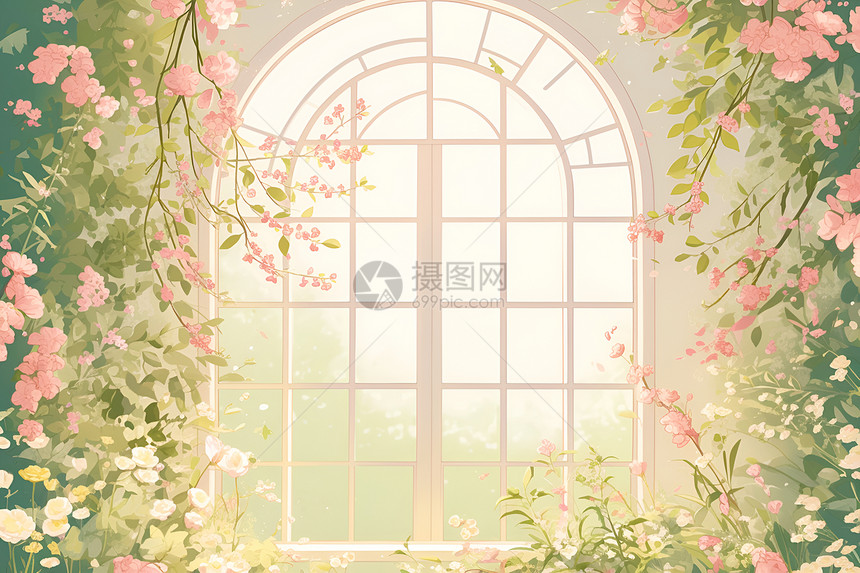 阳光里的花藤窗户图片