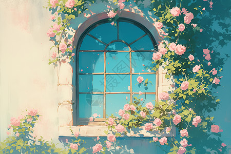 阳光下的花藤窗户背景图片