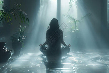 瑜伽班招生绿植间冥想的女人背景