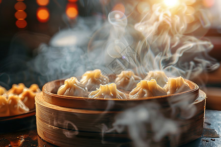 翡翠饺子香气四溢的蒸饺背景