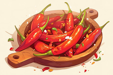 天然香料木盘里的红辣椒插画