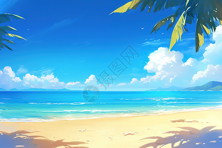 蓝天海滩海滩上翠绿的棕榈树插画