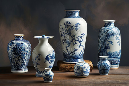 青花瓷碗筷蓝白花瓶摆在木桌上背景