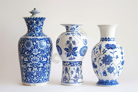 景德镇青花瓷三个蓝白花瓶背景