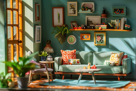 别墅室内装饰阳光下的绿色沙发设计图片