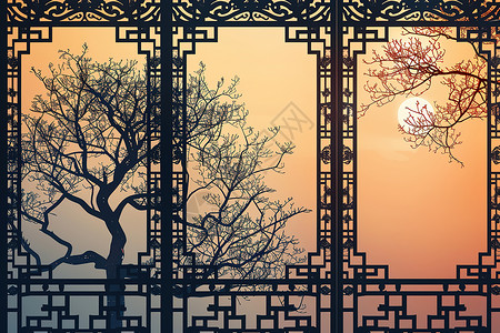 中国风镂空雕花中式窗户前的树木插画