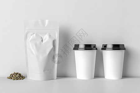 咖啡豆包装咖啡杯旁边一袋咖啡豆背景