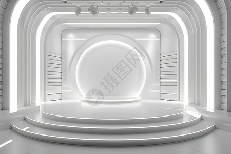 舞台LED光影环绕的白色展台插画