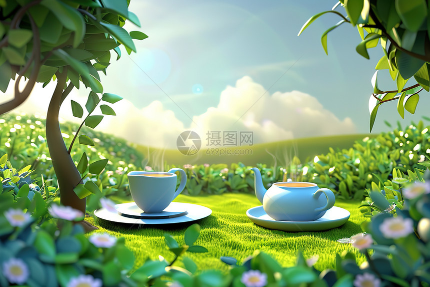 阳光草地上的茶具图片