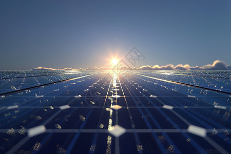 太阳能电池板正面图夕阳下的光伏板插画