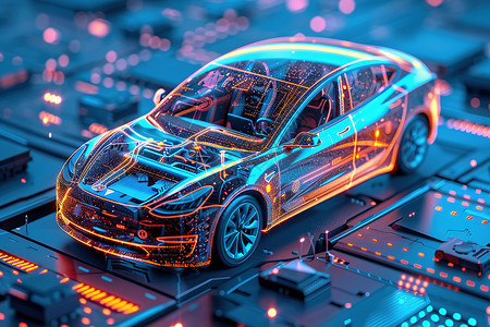 汽车引擎电路板上发光的汽车设计图片