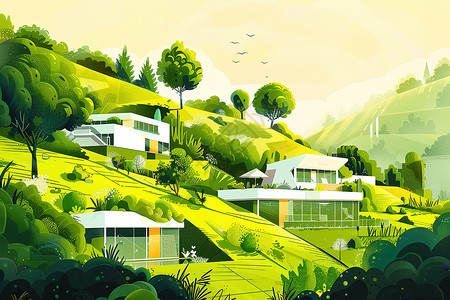 草地别墅山坡上的房子插画