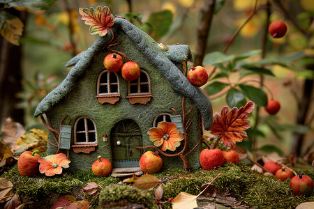 树叶环绕的粘土房子高清图片