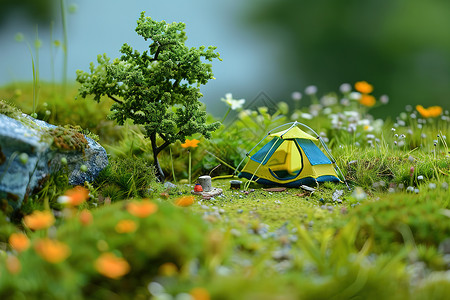 草地上野花草地上的帐篷设计图片