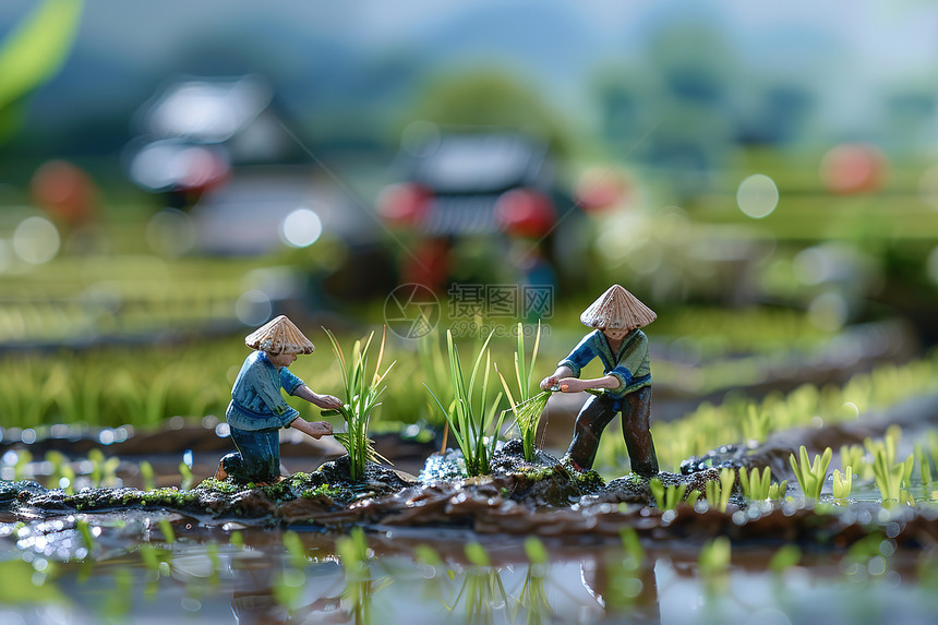 稻田里插秧的农民图片