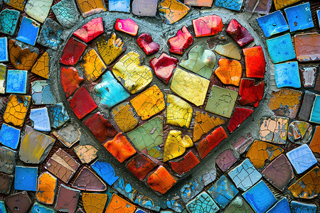 瓷砖图案五彩瓷砖拼成的心形插画
