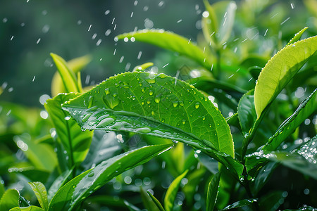 纯天然茶叶翠绿茶叶上的雨滴背景