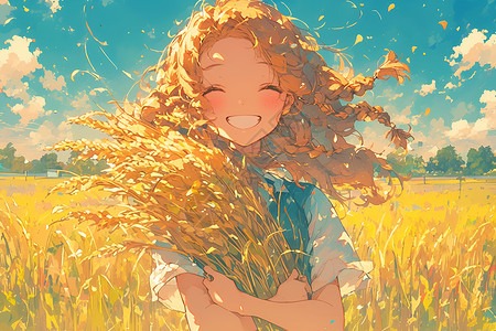抱着麦穗小女孩手里抱着一束麦穗插画
