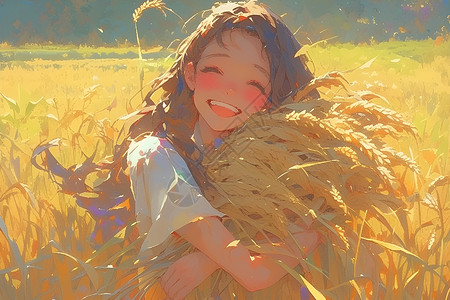 抱着麦穗快乐大笑的女孩插画
