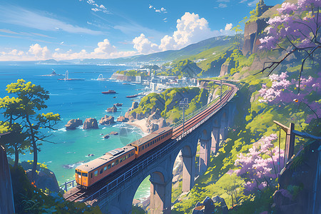 高架桥梁海边的列车插画