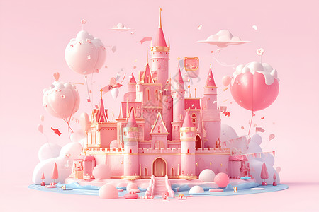 粉色沙滩粉色梦幻城堡插画