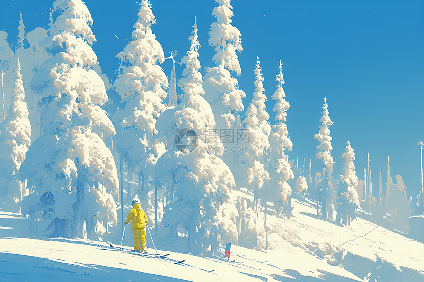 积雪森林里的滑雪者图片