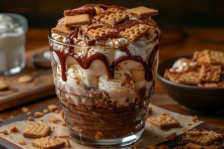 杯子里的巧克力饼干冰淇淋高清图片