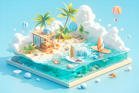 冲浪板素材岛屿上的冲浪插画