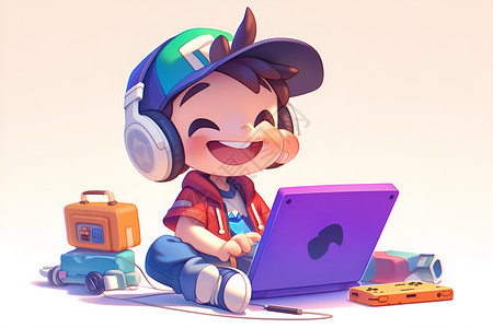 笔记本耳机快乐男孩与紫色笔记本插画
