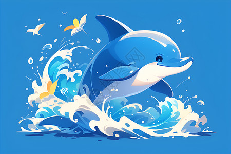 跃出海面的海豚可爱海豚跃出海面插画