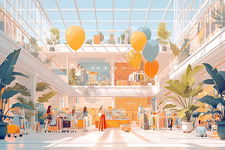 泰国商场简洁的现代购物中心插画
