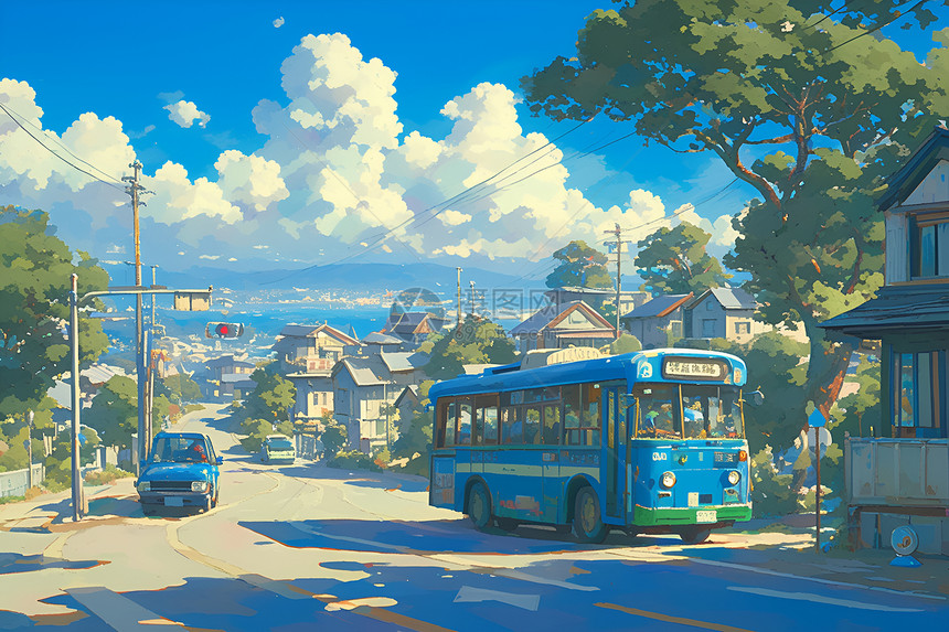 蓝色公交车穿越宁静的郊区图片