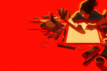 画画笔的素材红背景前的女孩专注地画画插画