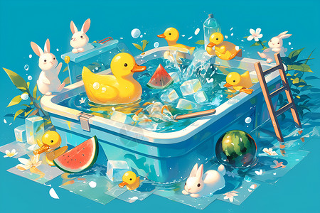 可爱黄色小鸭子泳池里的黄色小鸭子插画