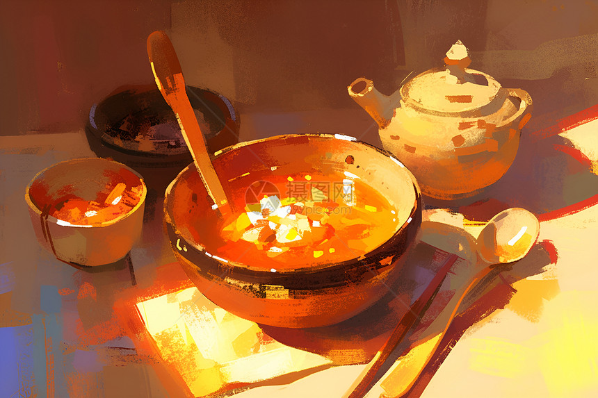 餐桌上的一碗汤和一只勺子图片
