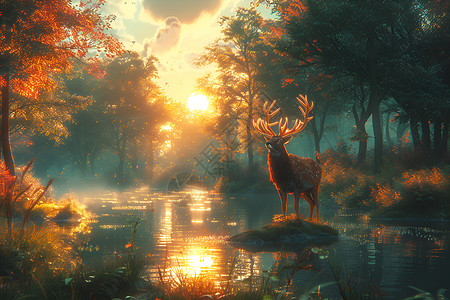 森林和鹿湖畔夕阳下的鹿插画