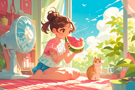 夏日的水果夏日清凉小女孩的水果盛宴插画