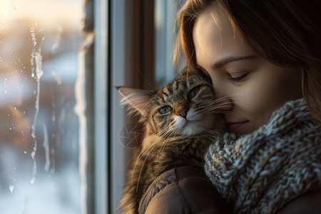 亲密猫咪女子怀中抱着猫咪背景