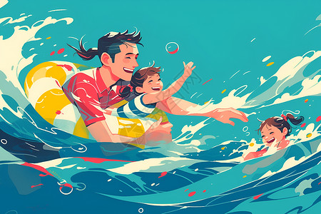 爸爸和孩子在海浪里游泳高清图片