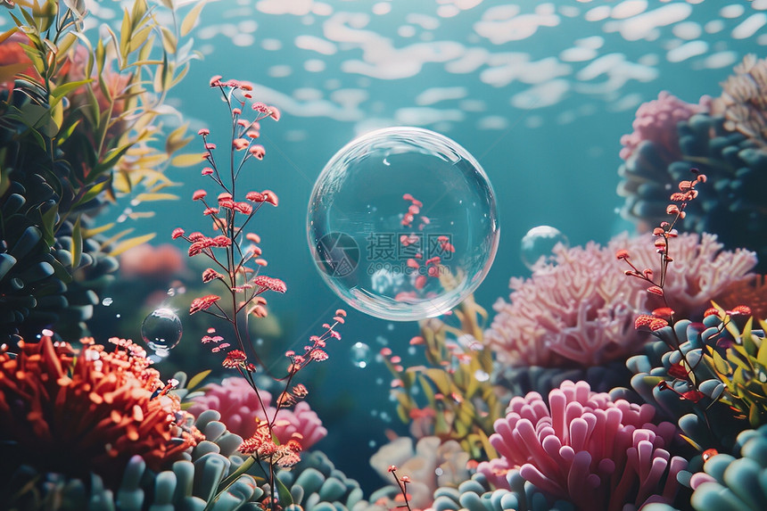 珊瑚礁漂浮的气泡图片