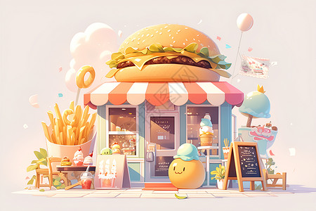 薯条卡通萌趣汉堡主题商店插画