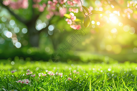 工笔花枝草地上的大树背景