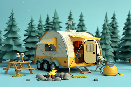 汽车野营可爱的露营车插画