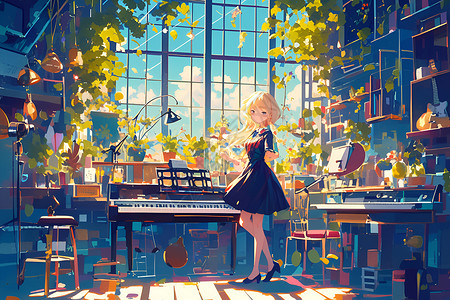 钢琴房里的女孩背景图片