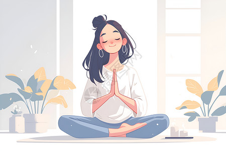 瑜伽DM窗前打坐冥想的女人插画
