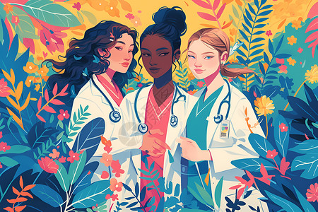 三位女性医护人员站在花丛中高清图片