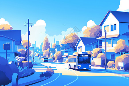 城市白模蓝白相间的巴士穿行于林荫街道插画