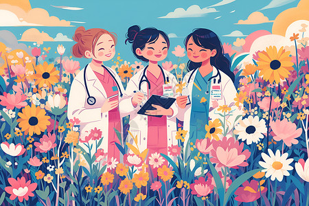 三位女医生站在花丛里高清图片