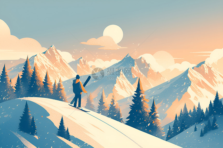 滑雪者在雪山上图片