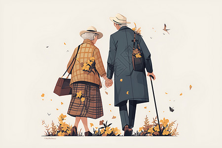 步行梯手牵手的老年夫妻插画